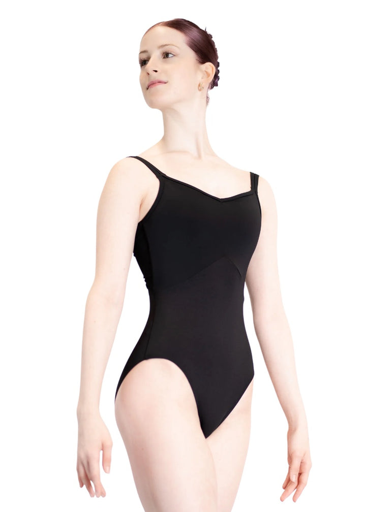 Danse de Paris women's Evie tank leotard in black with empire waist seam and sweetheart neckline.