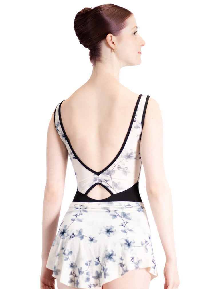 Danse de Paris women's Violette tank leotard with black bottom, blue and white floral velvet top, and low v-back with keyhole detail.