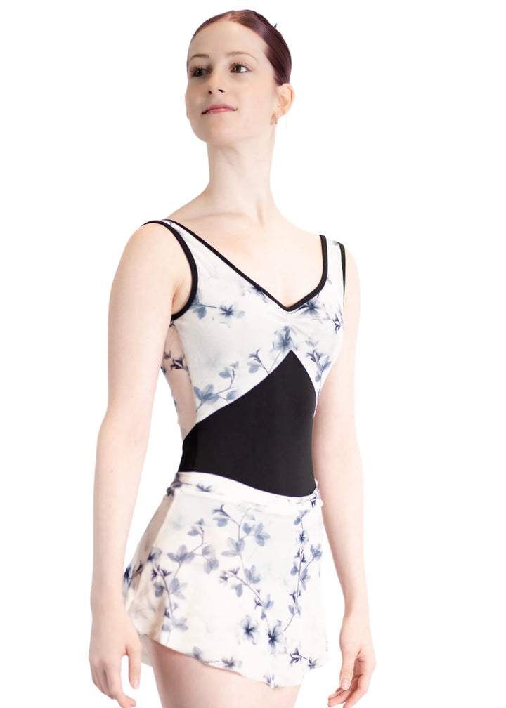 Danse de Paris women's Violette tank leotard with black bottom, blue and white floral velvet top, and pinch front v-neckline.