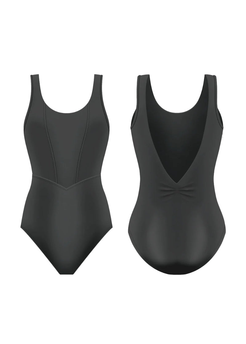 Danse de Paris women's Collette tank leotard in black with Basque waist seam, princess seams, scoop neckline, and low pinch back.