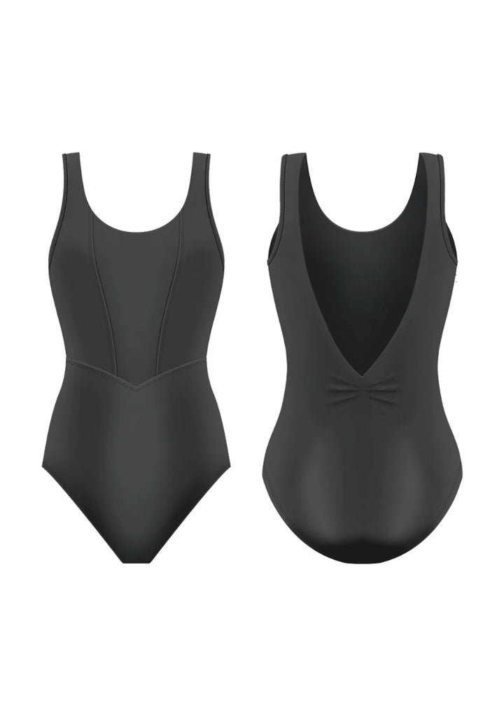 Danse de Paris women's Collette tank leotard in black with Basque waist seam, princess seams, scoop neckline, and low pinch back.