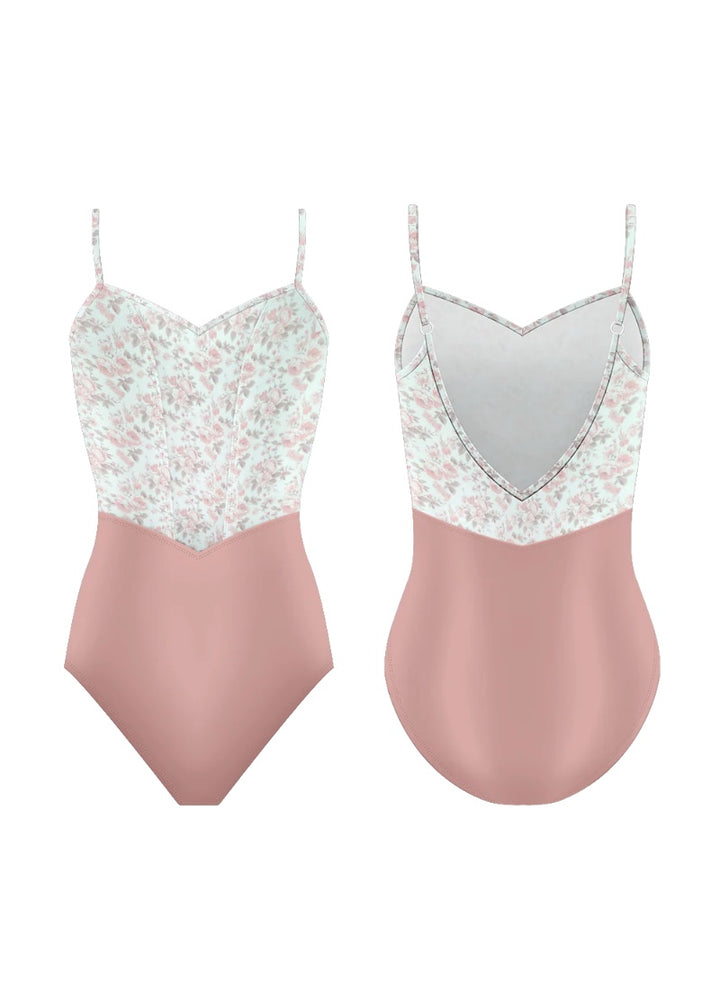 Danse de Paris women's Demi Jardin camisole leotard in light pink with princess seams and white bodice with pink floral print, and adjustable straps.