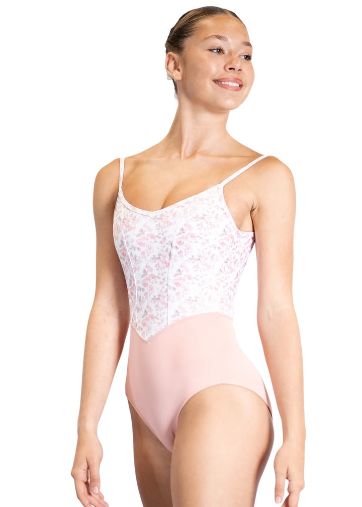 Danse de Paris women's Demi Jardin camisole leotard in light pink with princess seams and white bodice with pink floral print.