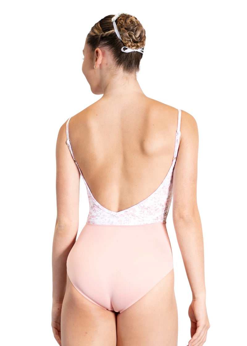 Danse de Paris women's Demi Jardin camisole leotard in light pink and white bodice with pink floral print, and adjustable straps.