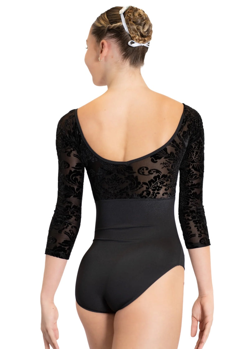 Danse de Paris women's Genevieve 3/4 sleeve leotard in black with velvet patterned top and sleeves and scoop back.