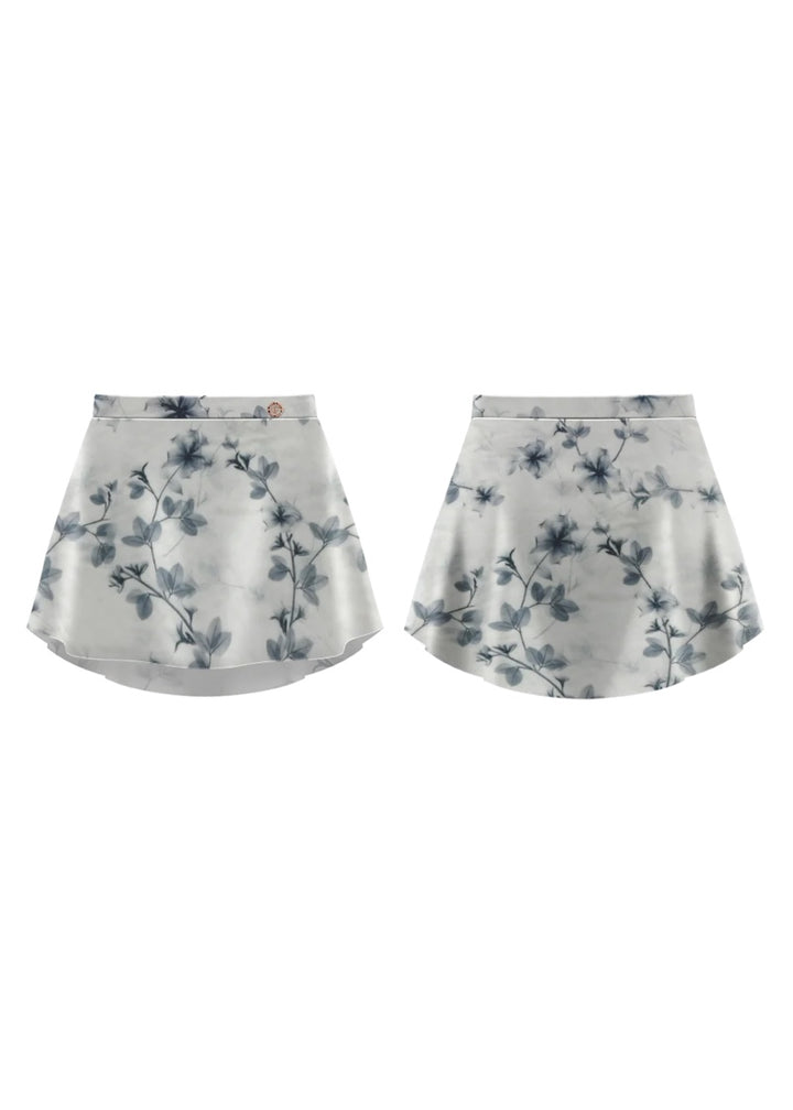 Danse de Paris women's high-low pull-on skirt in white velvet with blue floral print.