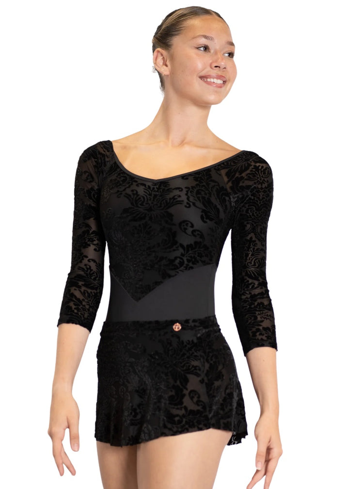 Danse de Paris women's high-low pull-on skirt in black with velvet flocking.