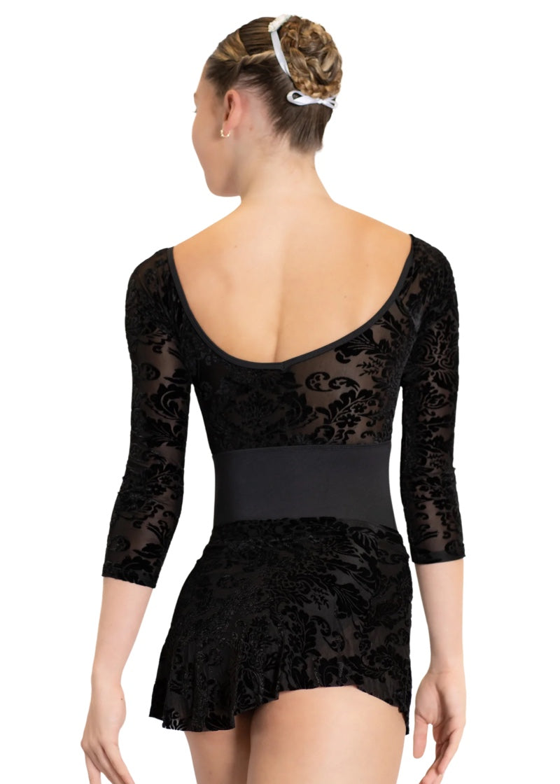 Danse de Paris women's high-low pull-on skirt in black with velvet flocking.