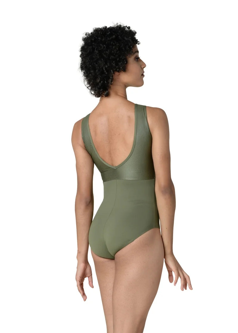 Danshuz olive green v-back tank leotard with shiny ribbed bodice.