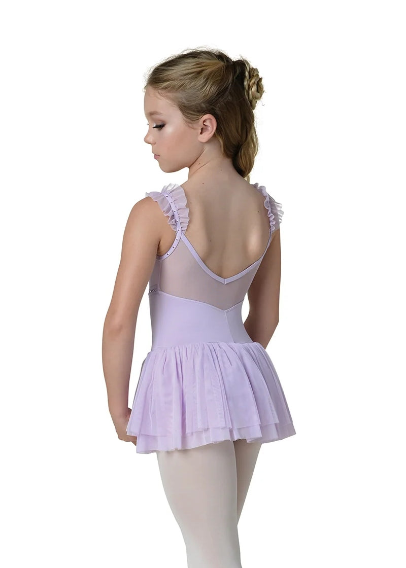 Danshuz purple camisole dance dress with ruffle straps, mesh back, and soft tulle skirt.