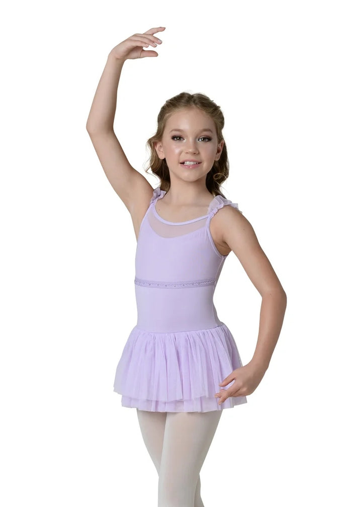 Danshuz purple camisole dance dress with mesh details on waist and neckline, ruffle straps, and soft tulle skirt.