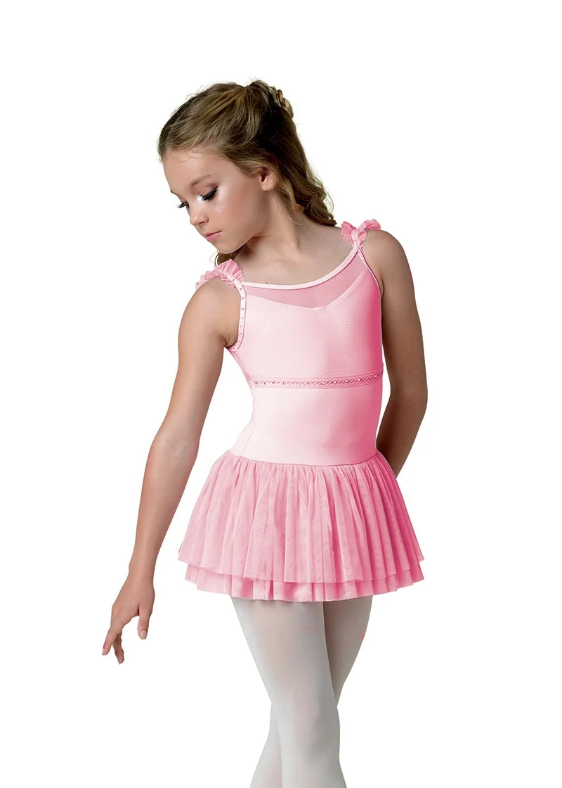 Danshuz pink camisole dance dress with mesh details on waist and neckline, ruffle straps, and soft tulle skirt.