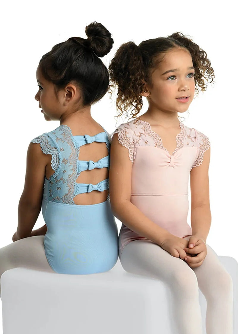 Danshuz lace cap sleeve leotards in pink and blue with lace on the sleeves and outside back and three bows in the center back, and a pinch front neckline.