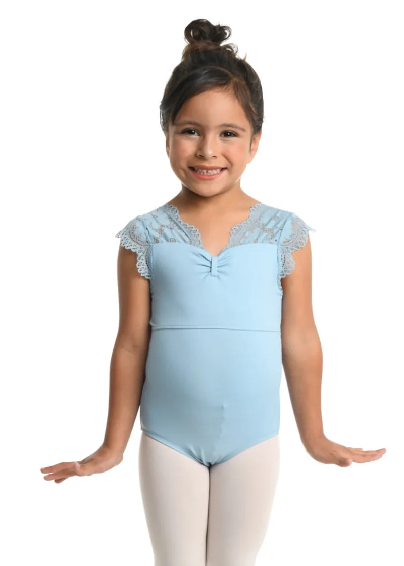 Danshuz light blue leotard with pinch front and lace cap sleeves.