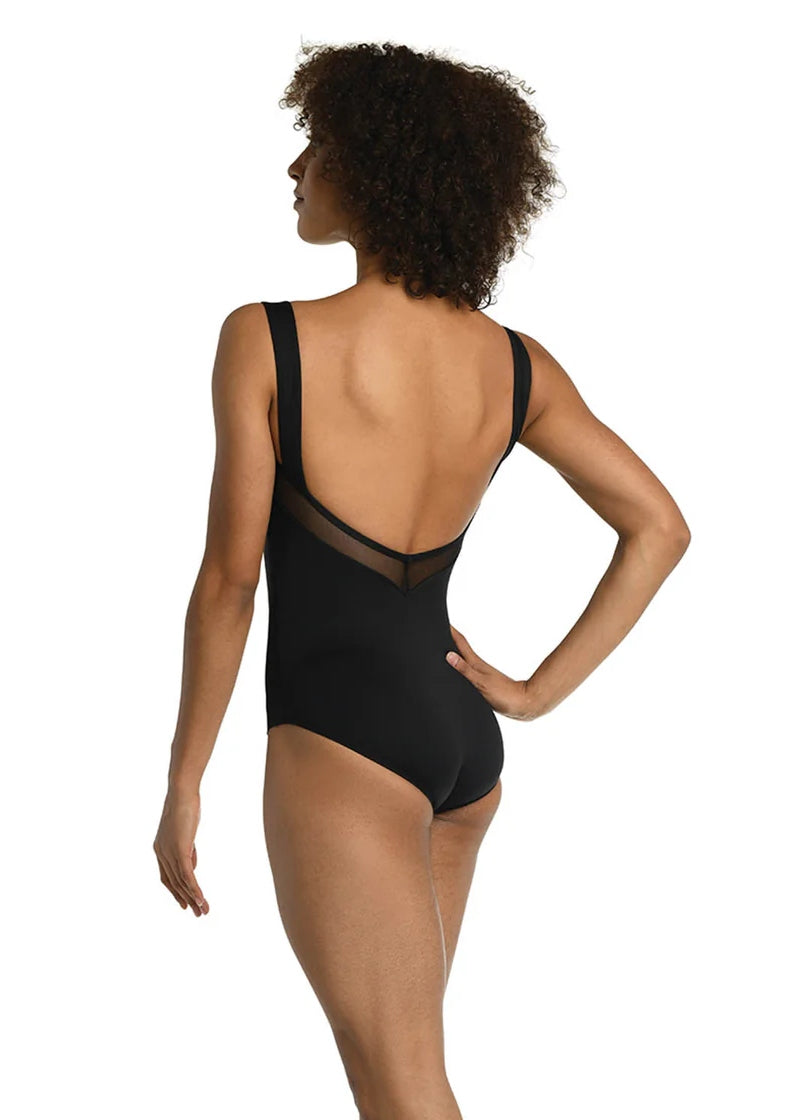 Danchuz black tank leotard with mesh panels on an open back.