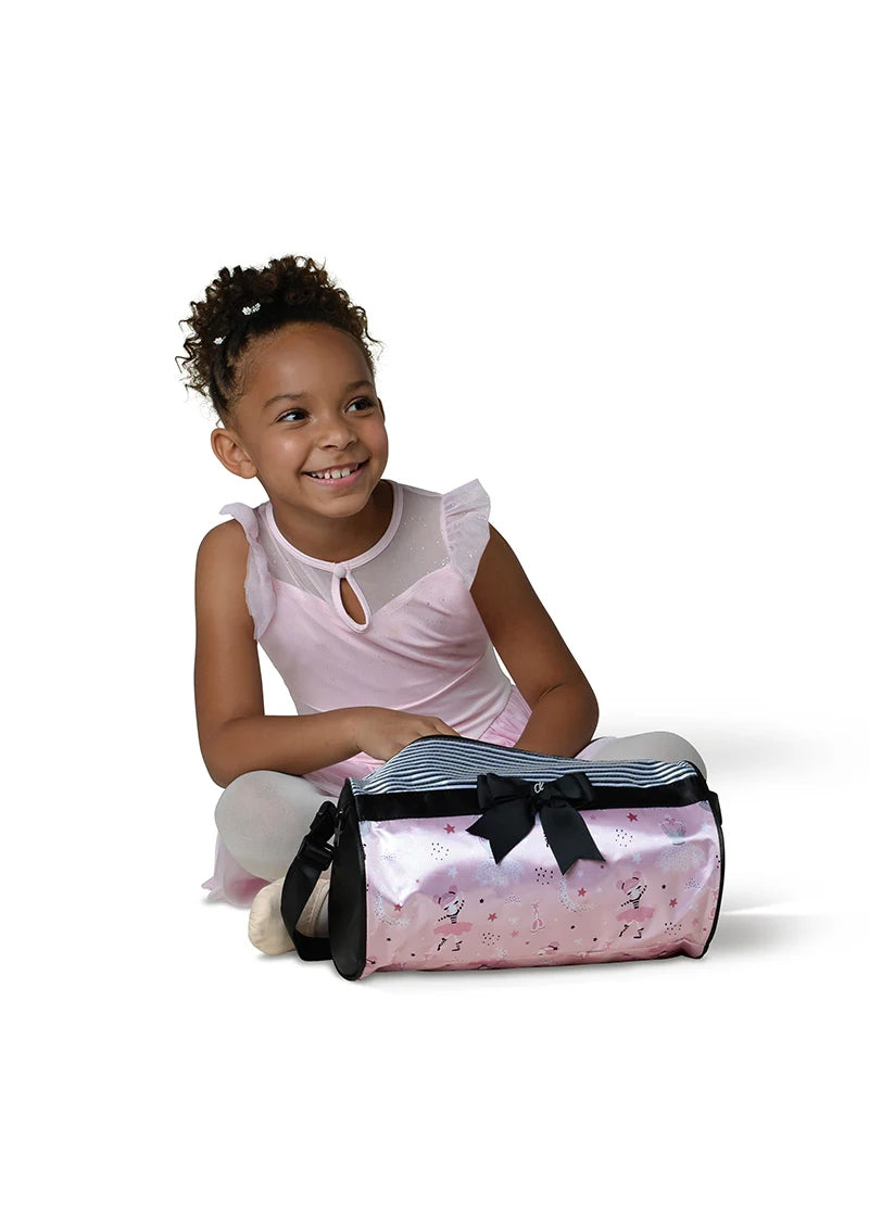 Danshuz roll duffel bag with printed pink satin on one half, black and white stripes on one half, black ribbon and bow, and black sides and shoulder strap.