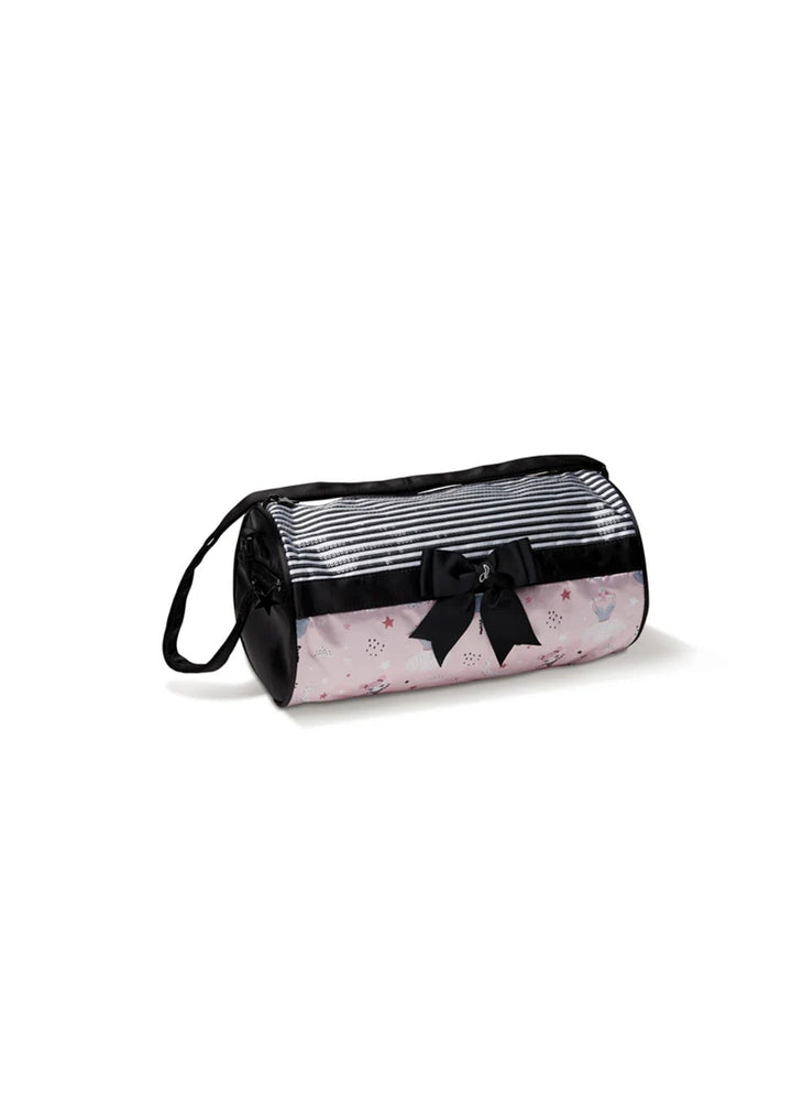 Danshuz roll duffel bag with printed pink satin on one half, black and white stripes on one half, black ribbon and bow, and black sides and shoulder strap.