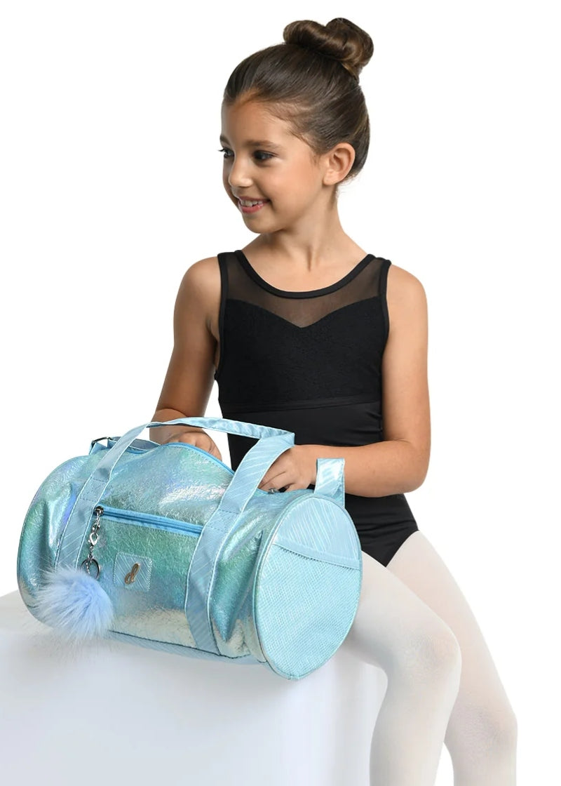 Danshuz shiny light blue duffel bag with shoulder strap, handles, and blue poof keychain on front zipper pocket.