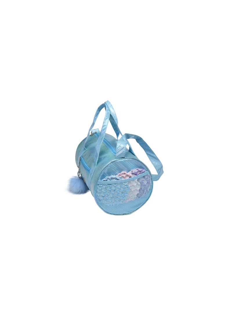 Danshuz shiny light blue duffel bag with shoulder strap, handles, blue poof keychain on front zipper pocket, and mesh side pocket.