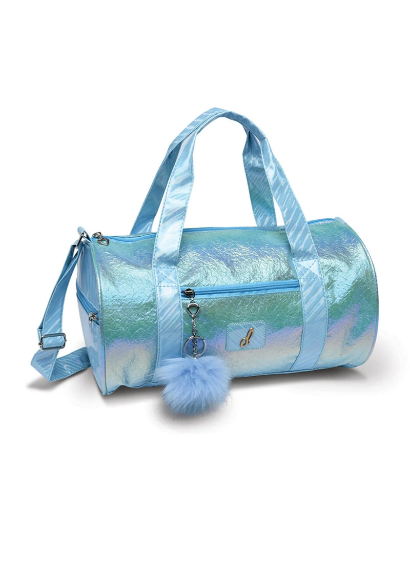 Danshuz shiny light blue duffel bag with shoulder strap, handles, and blue poof keychain on front zipper pocket.