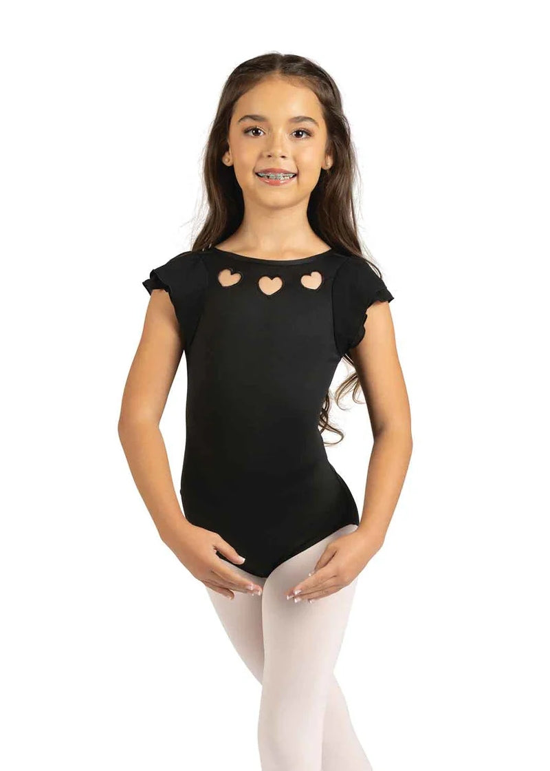Danznmotion Fernanda cap sleeve leotard in black with chiffon sleeves and three heart cutouts on the neckline