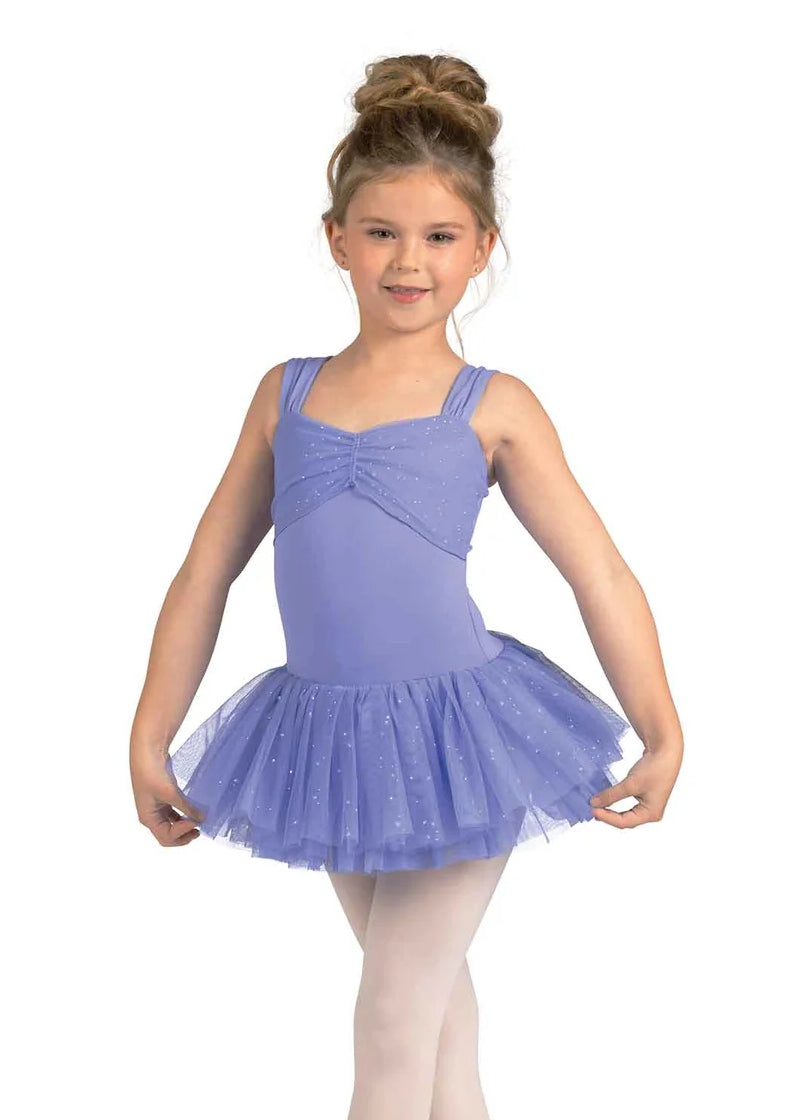 Danznmotion Minka youth tank dance dress in purple with mesh bust overlay and attached tutu
