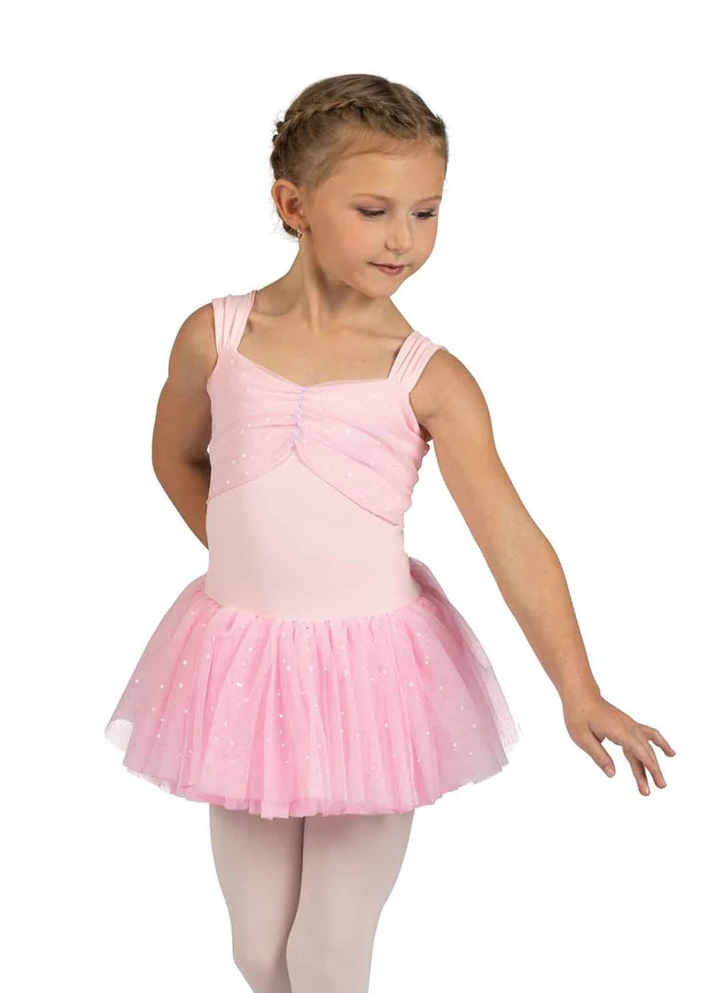 Danznmotion Minka youth tank dance dress in light pink with mesh bust overlay and attached tutu