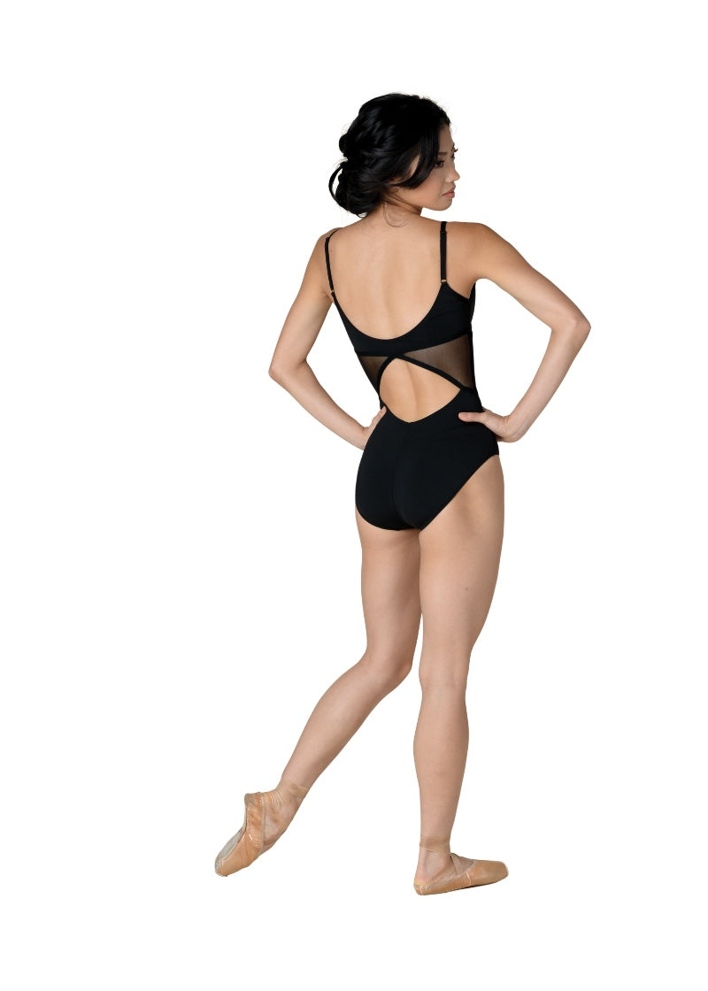 Danznmotion women's Alexis camisole leotard in black with mesh side panels, open back, and adjustable straps.