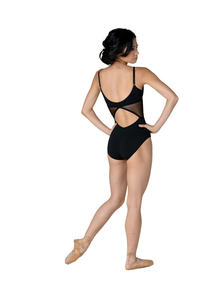 Danznmotion women's Alexis camisole leotard in black with mesh side panels, open back, and adjustable straps.