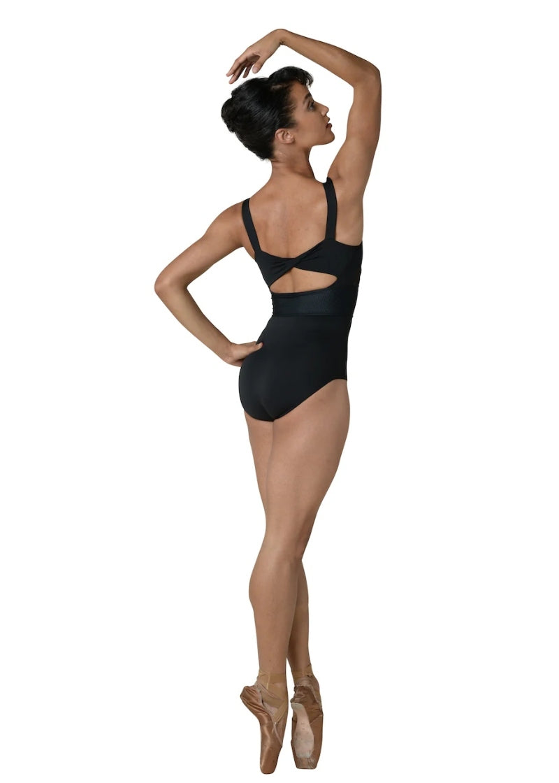 Danznmotion black tank leotard with ribbed panels and keyhole back