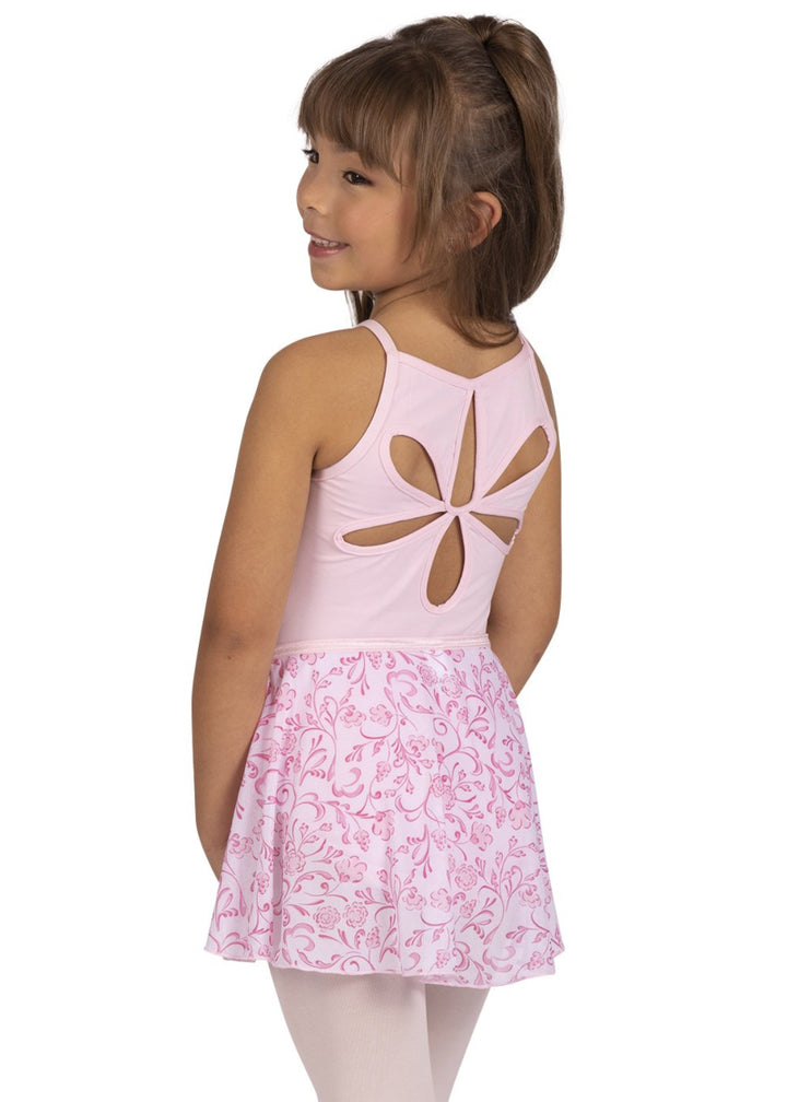 Danznmotion by Danshuz 25403C Girls' Rosa Floral Mock Wrap Georgette Youth Pull-On Skirt in Pink, shown on a young girl wearing a matching light pink leotard
