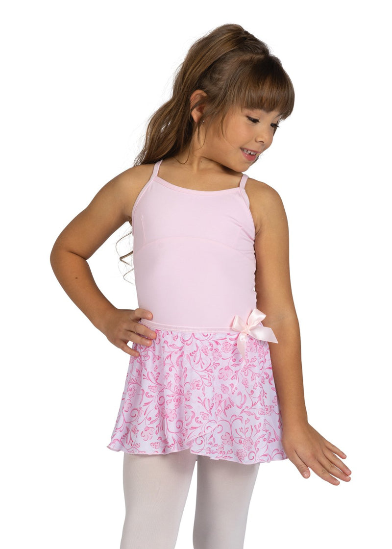 Danznmotion by Danshuz 25403C Girls' Rosa Floral Mock Wrap Georgette Youth Pull-On Skirt in Pink, shown on a young girl wearing a matching light pink leotard