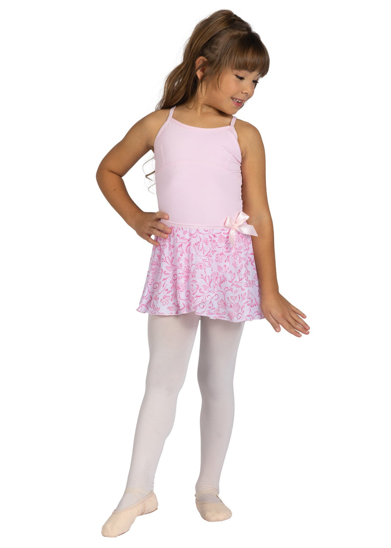 Danznmotion by Danshuz 25403C Girls' Rosa Floral Mock Wrap Georgette Youth Pull-On Skirt in Pink, shown on a young girl wearing a full ballet outfit of matching leotard, pink tights, and pink ballet shoes