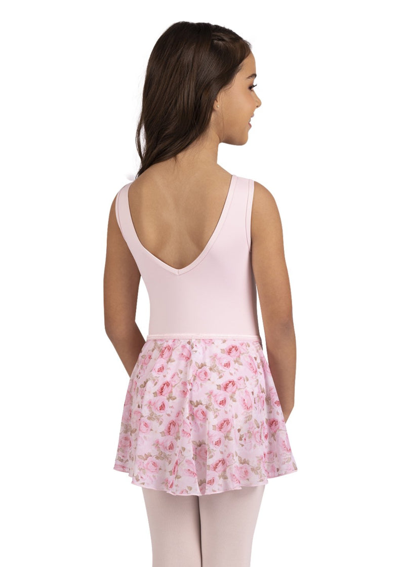 Danznmotion by Danshuz 25404C Girls' Rosetta Rose Floral Print Mock Wrap Georgette Youth Pull-On Skirt in Pink Pastel, shown from the back on a young girl wearing a matching light pink leotard