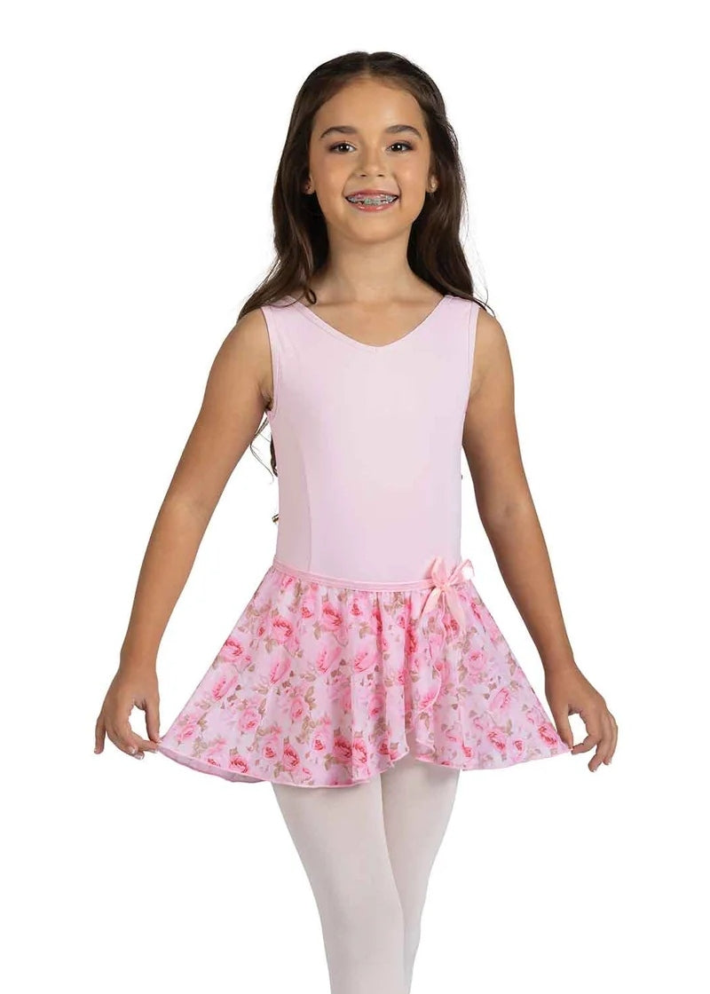 Danznmotion pink floral mock wrap pull-on skirt with satin ribbon. Pictured with pink tank leotard.