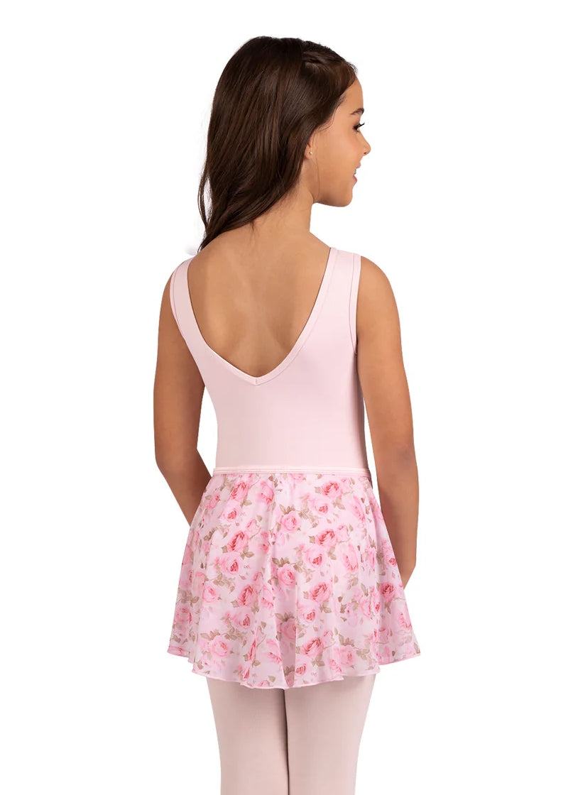 Danznmotion pink floral mock wrap pull-on skirt. Pictured with pink tank leotard.