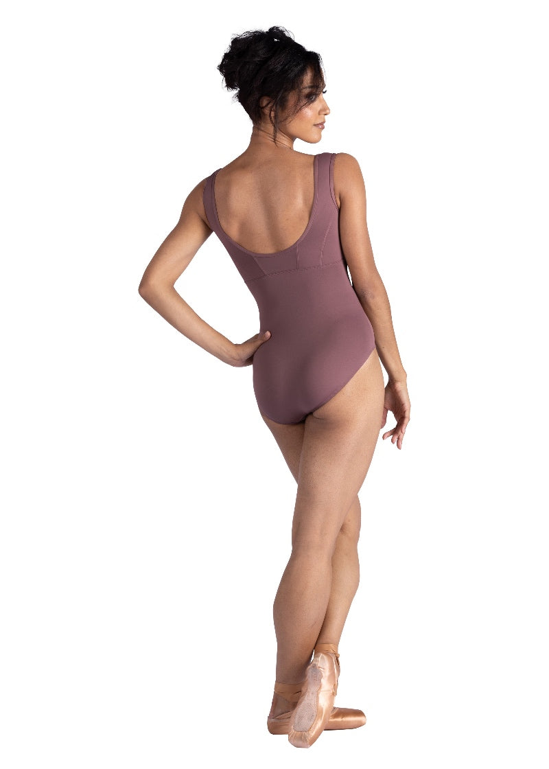 Danznmotion women's Harlowe tank leotard in dark pink with scoop back and corset style seams.