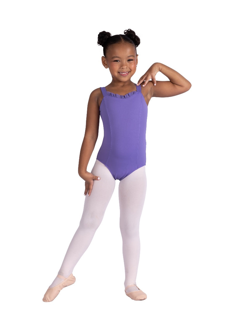 Danznmotion youth Kaia leotard in light purple with wide camisole straps, mesh ruffle sweethearts neckline, and princess seams.