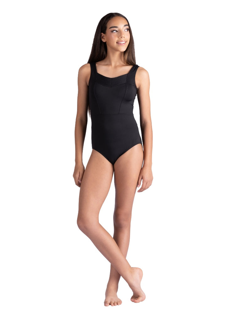 Danznmotion women's Reese tank leotard in black with pleated neckline and princess seams.