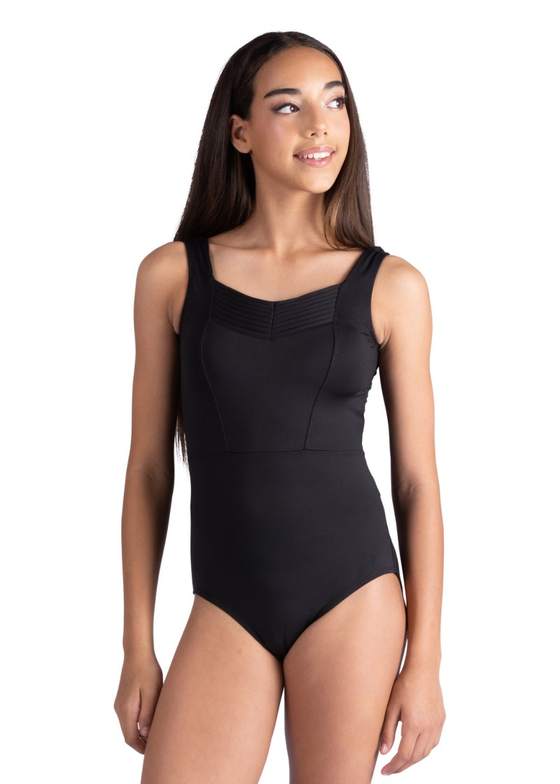 Danznmotion women's Reese tank leotard in black with pleated neckline and princess seams.
