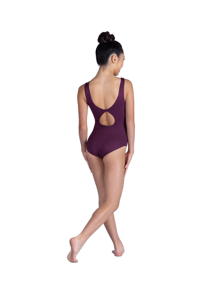 Danznmotion women's Noemi tank leotard in purple with scoop keyhole back.