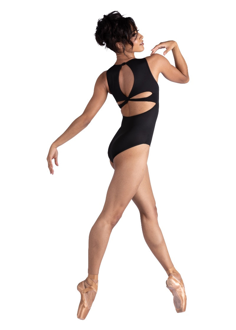 Danznmotion women's Evangeline tank leotard in black with twist keyhole back.