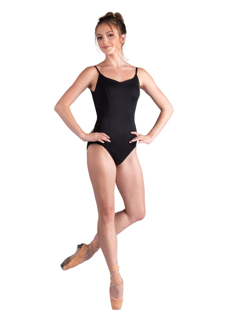 Danznmotion women's Angie camisole leotard in black with sweetheart neckline and princess seams.