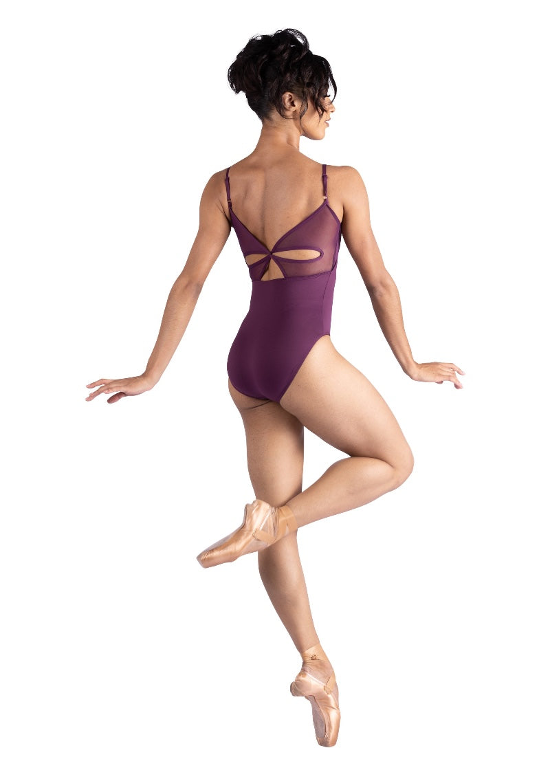 Danznmotion women's Angie camisole leotard in purple with mesh keyhole back and adjustable straps.