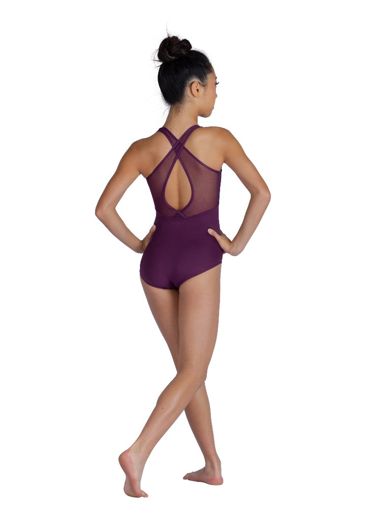 Danznmotion women's Marilyn tank leotard in purple with mesh cross back panels and open back.