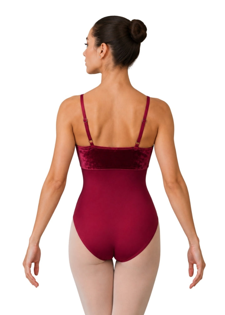 Danznmotion 26133A adjustable strap camisole leotard in Autumn Red with velour velvet bodice