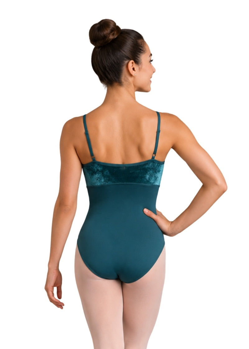 Danznmotion 26133A adjustable strap camisole leotard in Botanical Green with velour velvet bodice