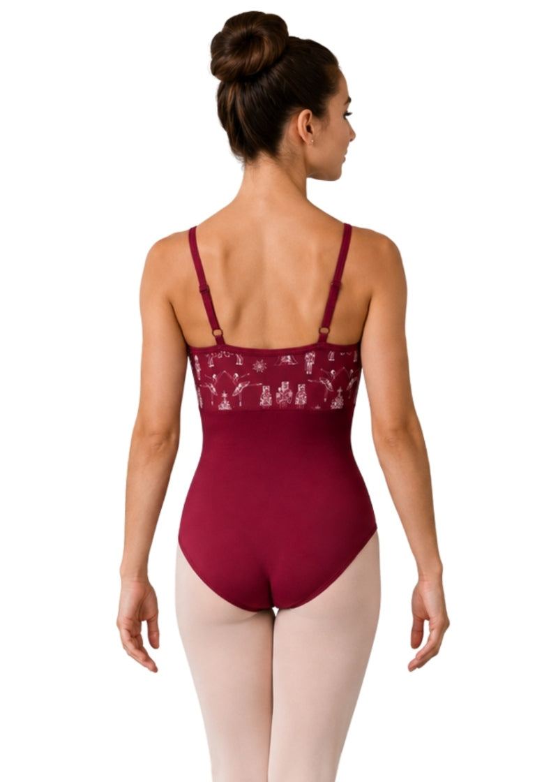 Danznmotion 26134A adjustable strap camisole leotard in Autumn Red with Nutcracker print bodice