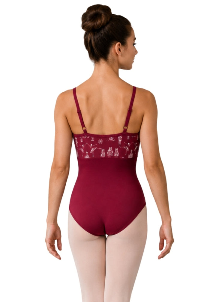 Danznmotion 26134A adjustable strap camisole leotard in Autumn Red with Nutcracker print bodice