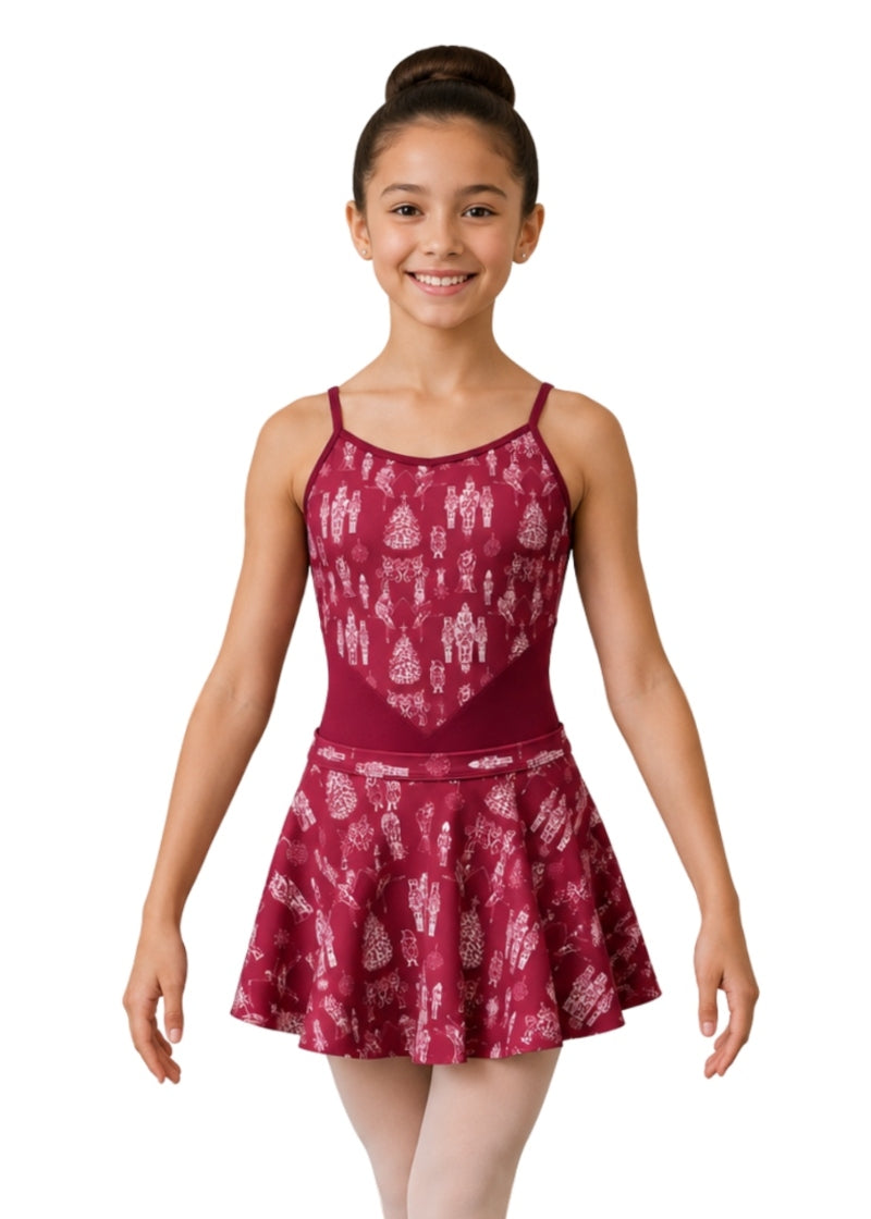 Danznmotion 26410A pull-on ballet skirt in Autumn Red with Nutcracker print